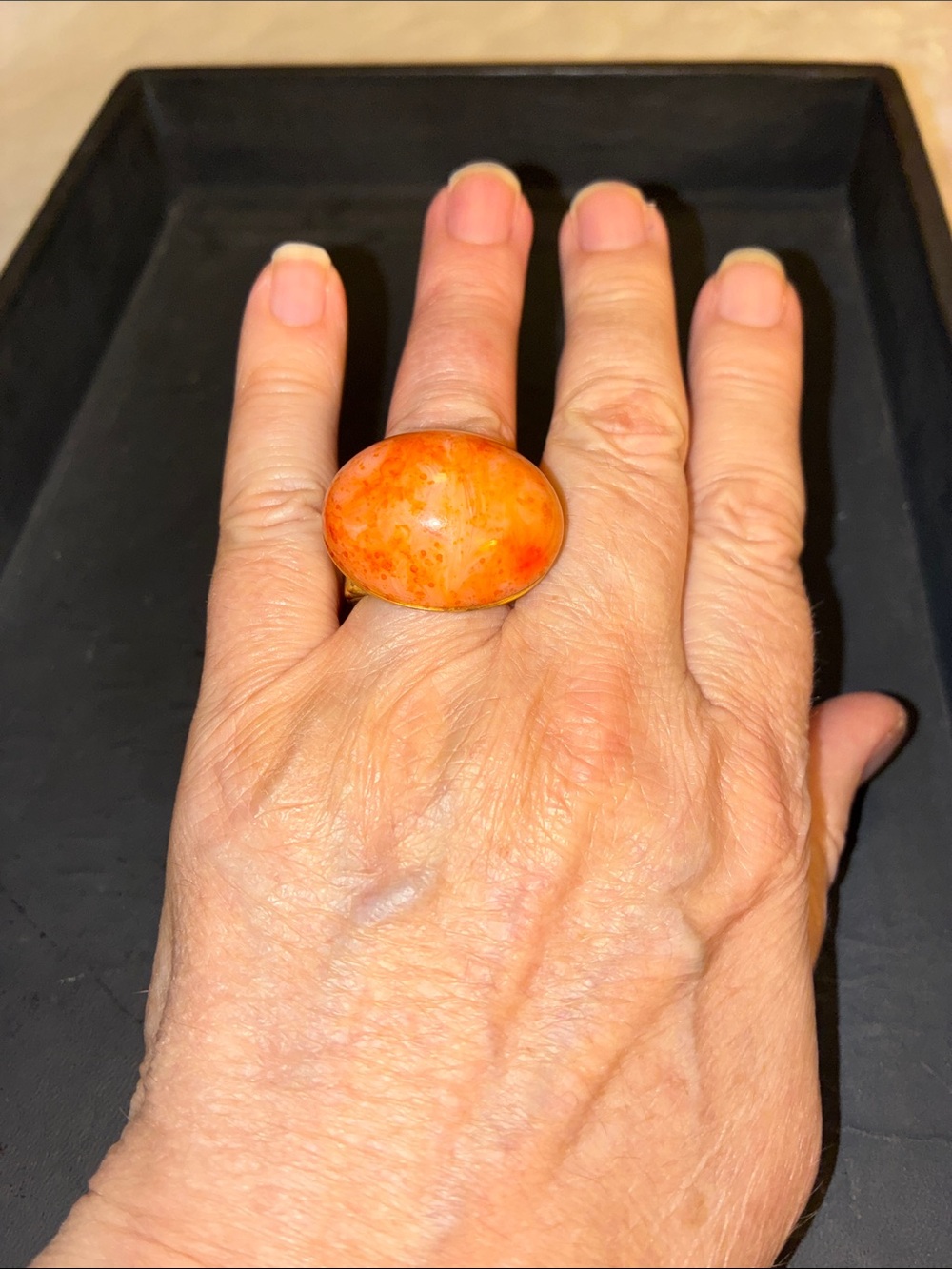Bold Orange Dome Stretch Ring with Marbled Cabochon Stone